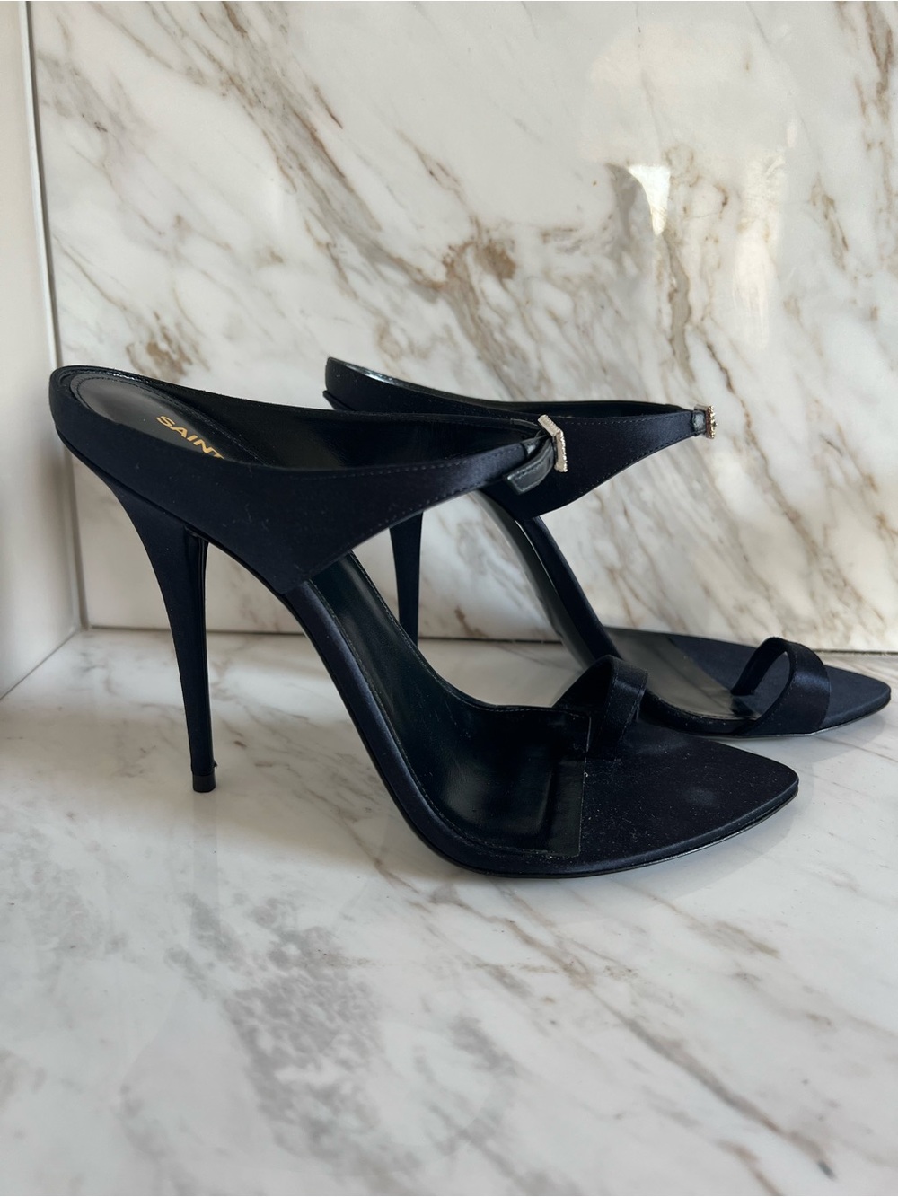 Saint Laurent Raso Régale Navy Satin Crystal Heel Stiletto 39 - Picture 3 of 6